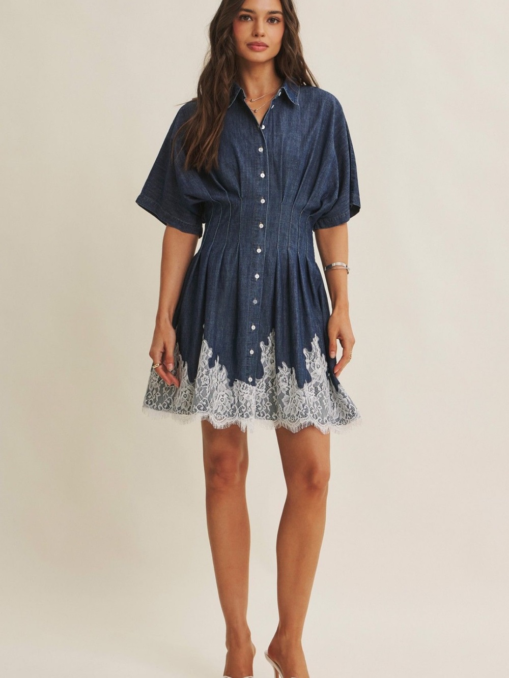 NWT Lace Hem Pleated Mineral Washed Denim Mini Dress Size Small